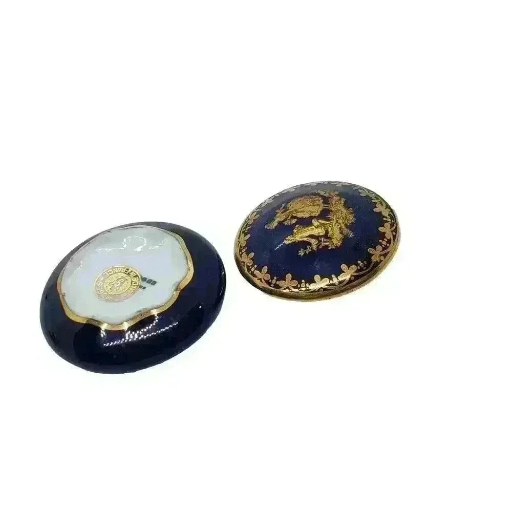 Vintage Limoges France Blue Courting Couple Trinket Pill Box Gold Trim Signed